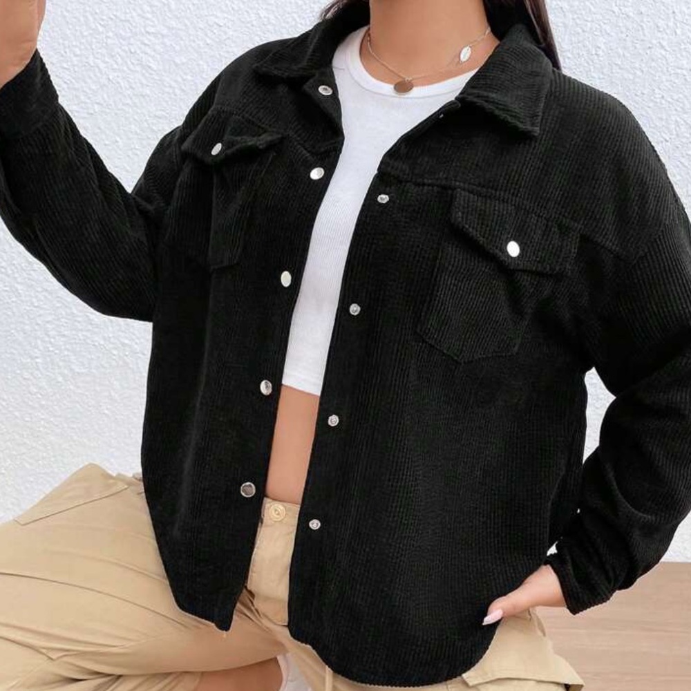 Black Corduroy Jacket with button detail, drop shoulder, and flap pocket